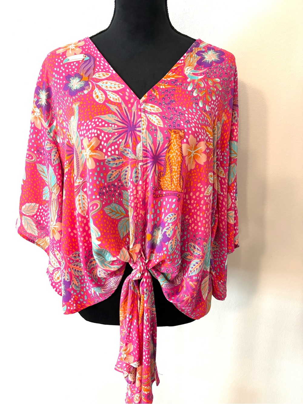 Adrienne Large Hot Pink Floral Tie-Front V-Neck Blouse